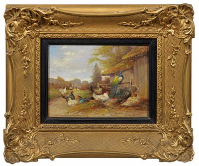 a painting of a group of chickens in a field with a barn in the background