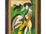 un tableau représentant une femme et deux chiens dans un champ