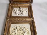 two framed pictures of a man and woman on a horse