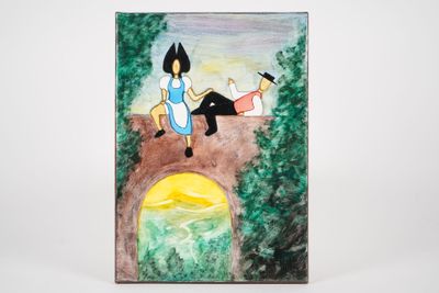 a picture of a painting of a woman and two children sitting on a bridge