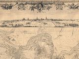an old map of the city of boston, with a view of the city in the distance