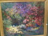 a painting of a painting of a garden with flowers