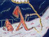 painting of a man sitting on the ground with a clock in the background