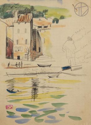 drawing of a boat in a body of water with a building in the background