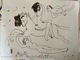 a drawing of a woman on a horse and a man on a horse
