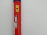 a close up of a red and blue fire extinguisher on a white surface