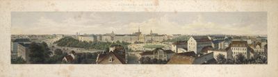 painting of a view of a city with a clock tower in the distance