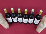 several bottles of wine are lined up on a red table