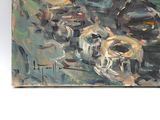 a painting of a group of cows walking down the street