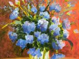 a painting of blue flowers in a vase on a table