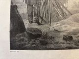 a drawing of a man and a woman standing in front of a tent