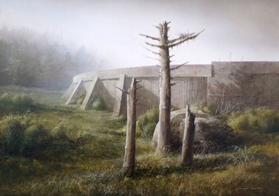 a painting of a bear in a field with a bridge in the background