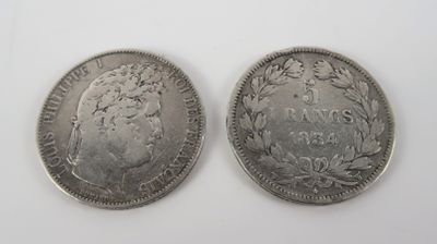 Deux pièces de 5 Francs en argent, Louis-Philippe 1er, Tête …
