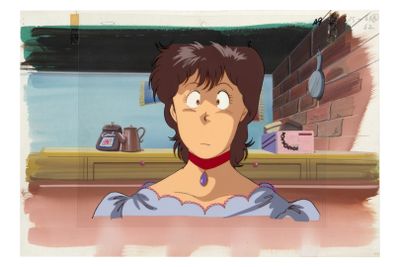 dessin représentant une femme en robe bleue avec un col rouge autour du cou