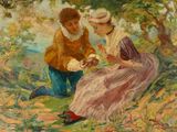 tableau représentant un couple assis par terre dans l'herbe