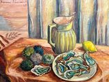 un tableau représentant une assiette d'huîtres et un pichet posés sur une table