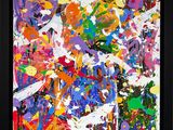 abstract painting of multicolored paint splattered onto a black frame