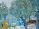 une peinture à l'huile représentant une maison bleue et des arbres au bord d'une rivière