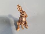a small bronze rabbit sitting on the hood of a car