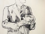 drawing of a man in a suit holding a skull in one hand and a skull in the other