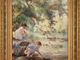 an oil painting of two children sitting on a rock by a river