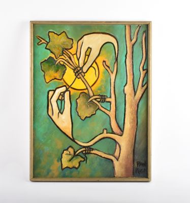 tableau représentant un oiseau perché sur une branche d'arbre, avec le soleil en arrière-plan