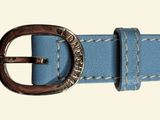 a blue belt with a metal buckle on a white background