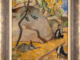 an oil painting of a dog and a cat in a landscape