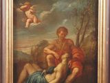 une peinture à l'huile sur toile représentant un homme et une femme dans un paysage