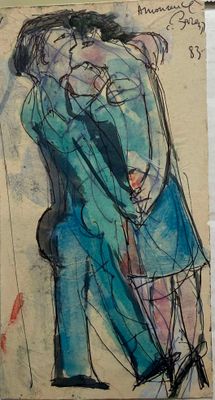 drawing of a man and a woman hugging each other on a piece of paper