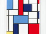 an abstract painting of squares and rectangles in red, blue, yellow, and black