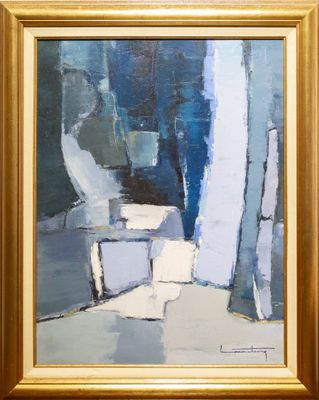 une peinture à l'huile représentant une chaise et un vase, dans un cadre doré