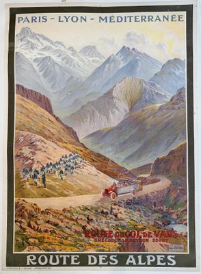 an old poster of a mountain scene with a train on the tracks