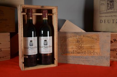 three bottles of wine in a wooden box on a table
