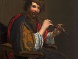painting of a bearded man playing a flute in a chair