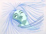 drawing of a woman ' s face with long blue hair