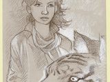 dessin représentant une femme avec un tigre sur les genoux