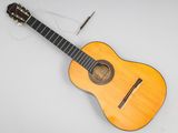 an image of a small acoustic guitar with a wooden body and strings