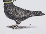 a drawing of a black bird with a green collar
