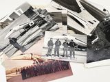 several black and white photos of a group of men standing in front of a plane