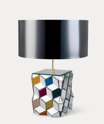 an image of a table lamp with a mirror cube on it