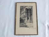 an old drawing of a castle with a gate and a tower