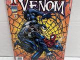 a close up of a comic book with a spider - man on it