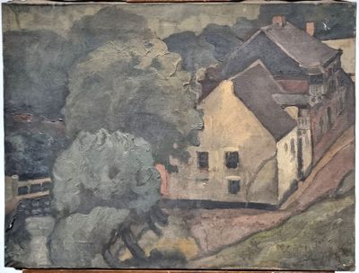 painting of a horse in front of a house on a hill