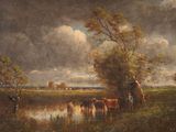 painting of a group of cattle standing in a field next to a body of water