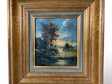 an oil painting of a landscape with a river and trees