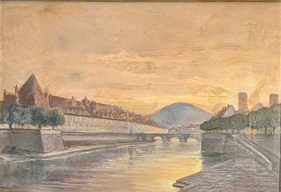 a painting of a bridge over a river with buildings in the background