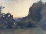 an image of a painting of a field with trees in the foreground