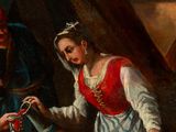 a painting of a woman handing a key to a man