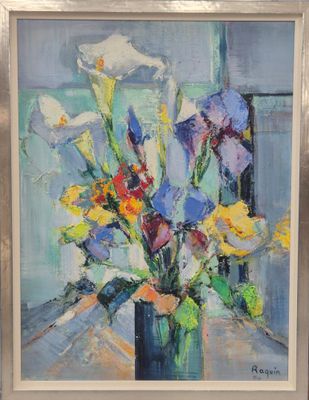 an oil painting of a vase of flowers in front of a window